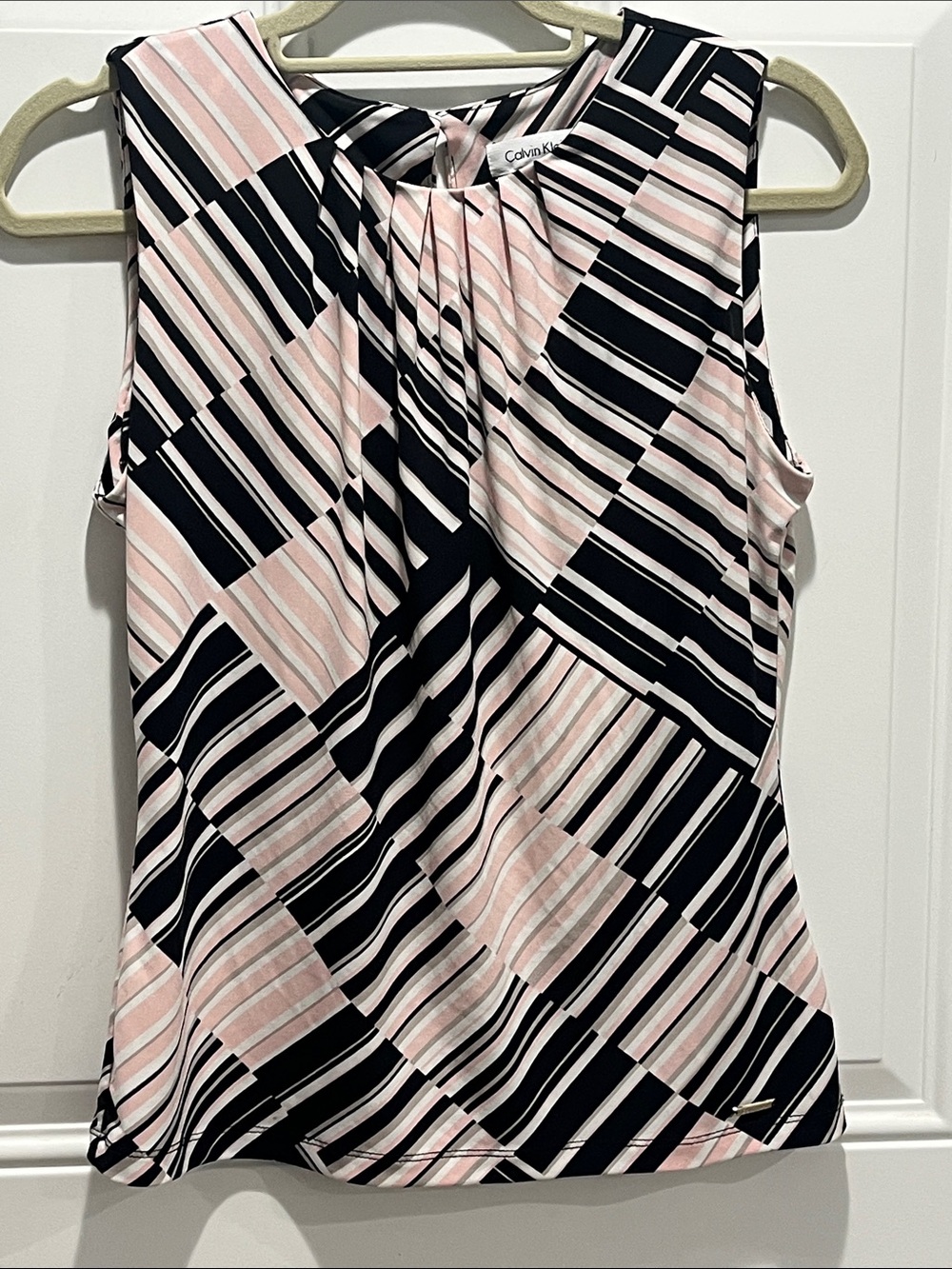 Calvin Klein Pink and Black Geometric Printer Pleat-Neck Sleeveless Shell Top